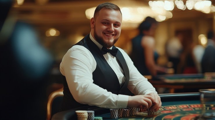 Dealer live casino profesional berbicara dalam studio streaming interaktif